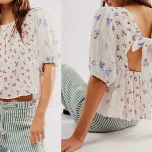 DEX Chloe printed top Tea combo 100% cotton gauzy tie back puff sleeves flowing
